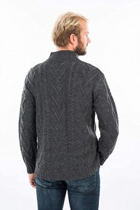 Pullover da uomo in lana merino con colletto con zip, pescatore irlandese lavorato a maglia, maglione invernale da esterno.