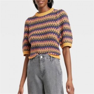 Rainbow Design Puff Siku Lengan Berkerah Sweater Womens