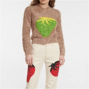 Custom High Quality Furry Long Sleeve Intarsia Knit sweater Cardigan