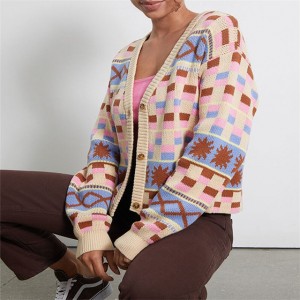 Oanpaste hege kwaliteit Multicolor geometryske knop Knit Cardigans