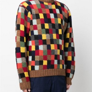 Популарен машки шарен кариран плетен пуловер со споен врат