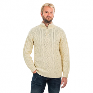 Merino wool men's zip collar ຊາວປະມົງໄອແລນ knitted ລະດູຫນາວ sweater ກາງແຈ້ງ.