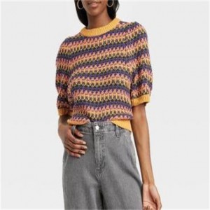 Rainbow Design Puff Elbow Sleeve Collared Sweater Womens