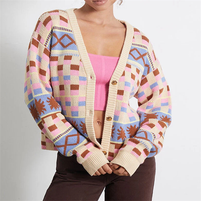 Oanpaste hege kwaliteit Multicolor geometryske knop Knit Cardigans Featured Image