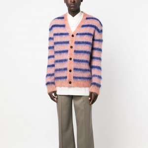 Vyriškas vaivorykštės moherio dryžuotas megztinis megztinis V formos iškirpte