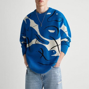 Moški moder pulover z okroglim izrezom 2023 z motivom obrisa obraza