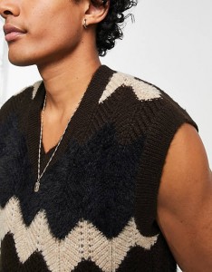 Textured Knitted Tank Mei Zig Zag Detail Heren Swarte sweaters
