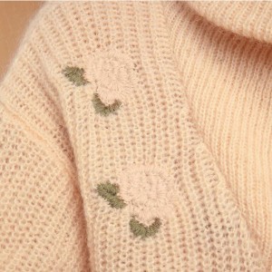French vintage niche floral rose embroidery lapel zipper mohair sweater loose