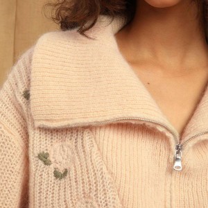 ʻO French vintage niche floral rose embroidery lapel zipper mohair loose sweater