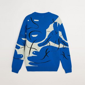 2023 manlju Blue Crew Neck sweater mei Face Outline Design