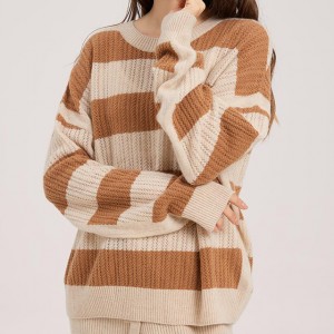Sweter wanita pullover leher kru bergaris oranye dan putih