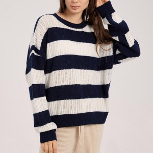 Sweater kerah kru bergaris biru dan putih untuk wanita