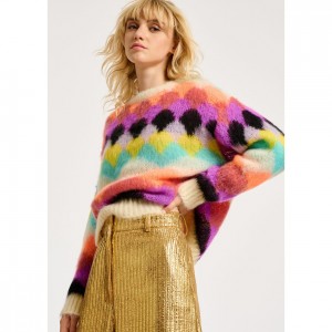 Pleteni ženski zimski pulover s intarzijom u više boja