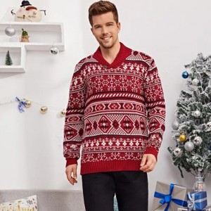 Pria Lengan Panjang Sweater Slim Fit Natal Cetak Selendang Kerah Rajut Pullover Sweater