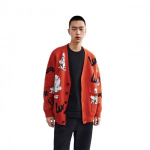 Suéter de punto jacquard de manga longa personalizado Suéter de cárdigan vermello de alta calidade para homes