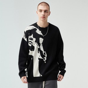 Portret żakardowy czarny sweter jesień ulica hip-hopowa modna marka para styl