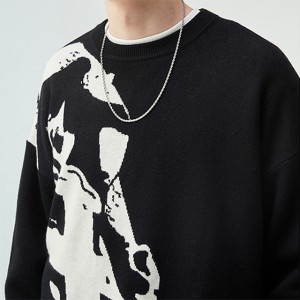 Портрет Жакард црн џемпер есенски уличен хип хоп трендовски бренд во пар стил