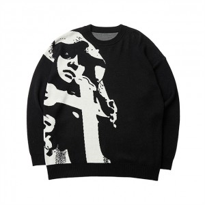 Dealbh Jacquard Black Sweater Sràid Foghair Stoidhle Càraid Brand Hip Hop Trendy