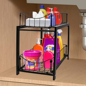 Under Sink Organizer 2-Tier Pull-out Mesh Basket Rack for Cabinet or Countertop, Expand Storage Space for Kitchen & Bathroom