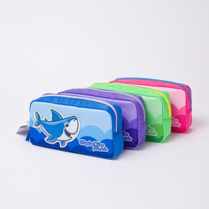 Cute shark printing leather&polyester 4 colors available with zipper closure pencil pouch pen case toiletry pouch
