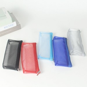 Smal passform genomskinligt mesh rutnät polyester kosmetisk väska med dragkedja 5 färger tillgängliga pennfodral pennfodral Kina OEM fabriksförsörjning
