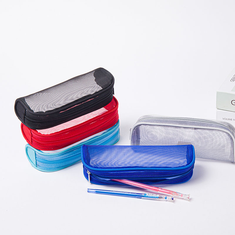 Clear translucent mesh grid polyester cosmetic bag with zipper closure 5 colors available big capacity pencil pouch pen case Featured Image