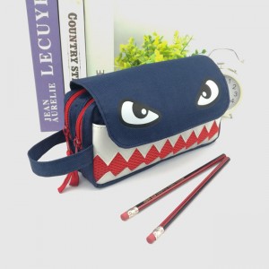 Monster Cartoon polyester/PU leather blue flap sleeve pencil pouch pen case with dual zipper closure handle large capacity great gift for kids teens students adults for business office school stati...