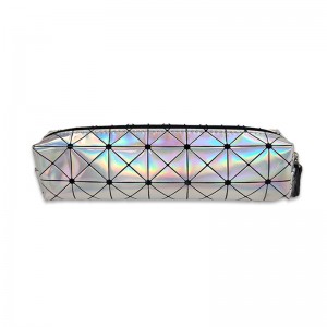 Long cube shape PU leather full holographic printing grid pattern cosmetic bag toiletry bag makeup case for women girls ladies
