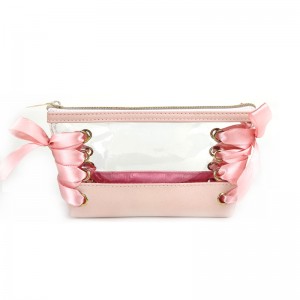 ຄວາມໂປ່ງໃສເບິ່ງຜ່ານຂ້າງ adorable wrapping ribbon leather cosmetic bag makeup bag with zipper close 3 color available organizer toiletry bag