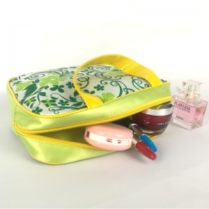 Преносима полиестерна козметична чанта с отпечатан модел на зелени цветя, калъф за грим със затваряне с цип и вътрешен мрежест джоб с дръжка голяма чанта за съхранение детски играчки чанта за стерилизация за деца възрастни за ежедневна употреба