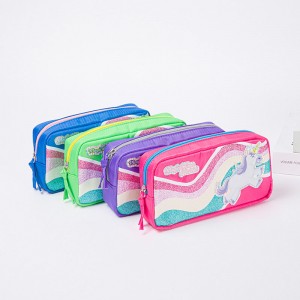 ງາມ rainbow ແລະ unicorn ຫນັງ polyester 4 ສີທີ່ມີ zipper ປິດ pencil pouch pen case toiletry pouch China OEM ໂຮງງານຜະລິດ