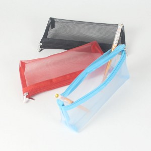 Slim fit translucent mesh grid polyester cosmetic bag with zipper closure 5 colors available pencil pouch pen case