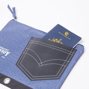 Klassiek blauw denim jean pocket-uiterlijk bindmiddelzakje make-uptas met ritssluiting met 3 ronde ringen bindmiddelorganizer toilettasje etui portemonnee