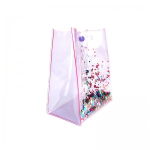 ຄວາມໂປ່ງໃສເຫັນໄດ້ຊັດເຈນດ້ວຍສີ glitter PVC handbag ຖົງເຄື່ອງສໍາອາງ ຖົງແຕ່ງຫນ້າທີ່ມີປຸ່ມປິດ 2 ສີທີ່ມີການຈັດວາງຖົງຫ້ອງນ້ໍາຂະຫນາດໃຫຍ່ຂອງປະທານທີ່ຍິ່ງໃຫຍ່