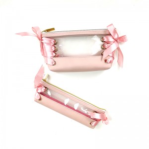 ຄວາມໂປ່ງໃສເບິ່ງຜ່ານຂ້າງ adorable wrapping ribbon leather cosmetic bag makeup bag with zipper close 3 color available organizer toiletry bag