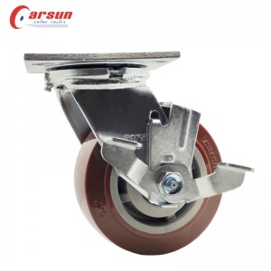 Caster Factory 5-tums svängbara hjul Metall sidobroms 125 mm polyuretan länkhjul