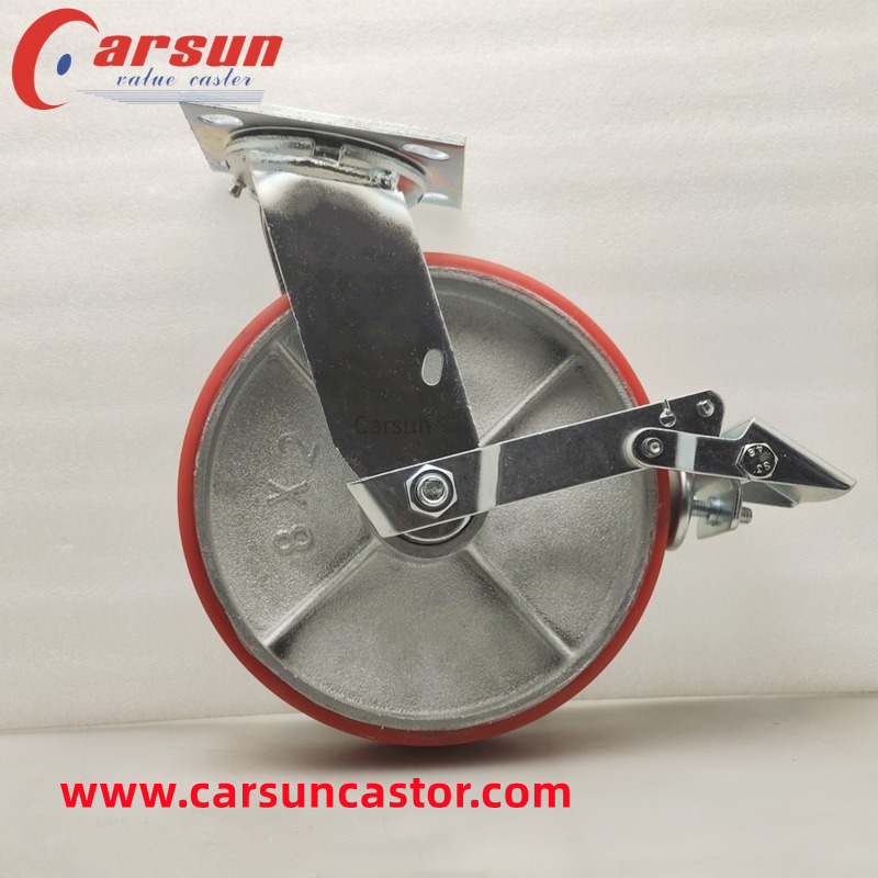 Chinese Factory High Strength PU Caster Wheel Cast Iron Core 8 Inch 200mm Swivel Heavy Duty Castor Wheel