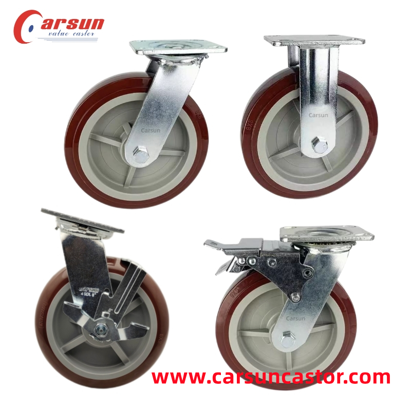 Heavy Duty Industrial Casters 6/8/10 Inch Polyurethane Swivel Caster Wheel with Brake