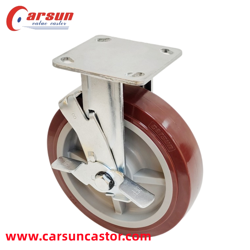 Heavy Industrial Casters 8 Inch Polyurethane Fixed Casters with Side Brakes
