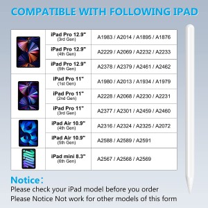 Peann cosgais gun uèir le mothachadh magnetach is teilt, diùltadh pailme, co-chosmhail ri Apple iPad Pro 11 òirleach 1/2/3, iPad Pro 12.9 òirleach 3/4/5, iPad Air 4/5, iPad Mini 6