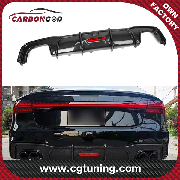 Carbon fiber Rear Lip Diffuser with Lamp Spoiler For Audi A7 S7 RS7 2019-2021 Carbon Car Fins Shark Style Bumper Protector