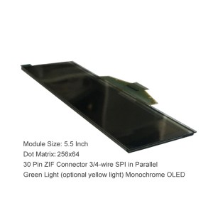 Pantalla OLED de interfaz SPI de resolución 256 * 64 de 5,5 pulgadas con color verde en stock