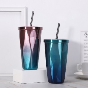 Stylish irregular double diamond-shaped straw cup gradient vacuum vacuum cup creative stainless steel coffee cup with lid and straw