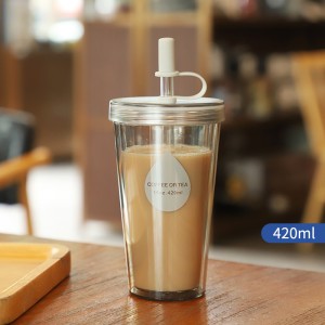 Factory Price Customized 15oz Double Wall Cup Reusable Plastic Drinking Cups Tea or Coffee With Straw