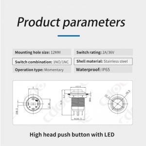 LED lumigita puŝbutonŝaltilo 12mm alta kapo kontrolo malgranda ekipaĵo spst