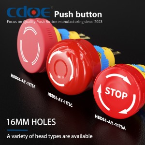 Interruptor de botón de carcasa de plástico de 16 mm de parada de emergencia de nuevo estilo con capacidad de 5 A y logotipo de flecha blanca