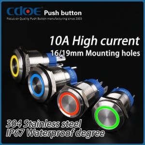 Anell de polsador il·luminat de 16 mm, terminal de pin led ip67 10a, restabliment de l'interruptor d'alta intensitat
