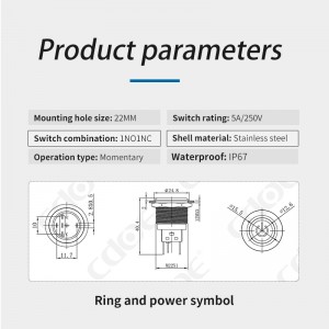 interruptor d'encesa i apagat anell de polsador de 22 mm i símbol d'alimentació 5a 220v metall ip67