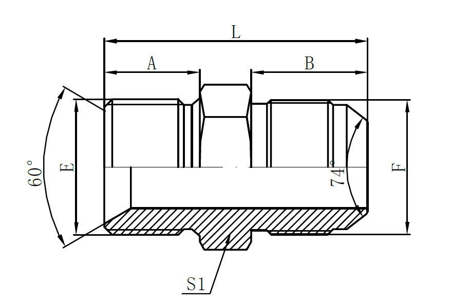 1BJ- Двойная наружная резьба BSP для уплотнения с седлом 60° × JIC, наружная резьба 74°, конус
