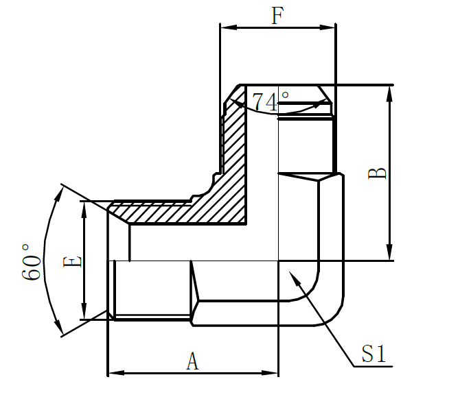 1BJ9- BSP vyriškas 60° sėdynė × JIC vyriškas 74° kūgis (90° alkūnė)
